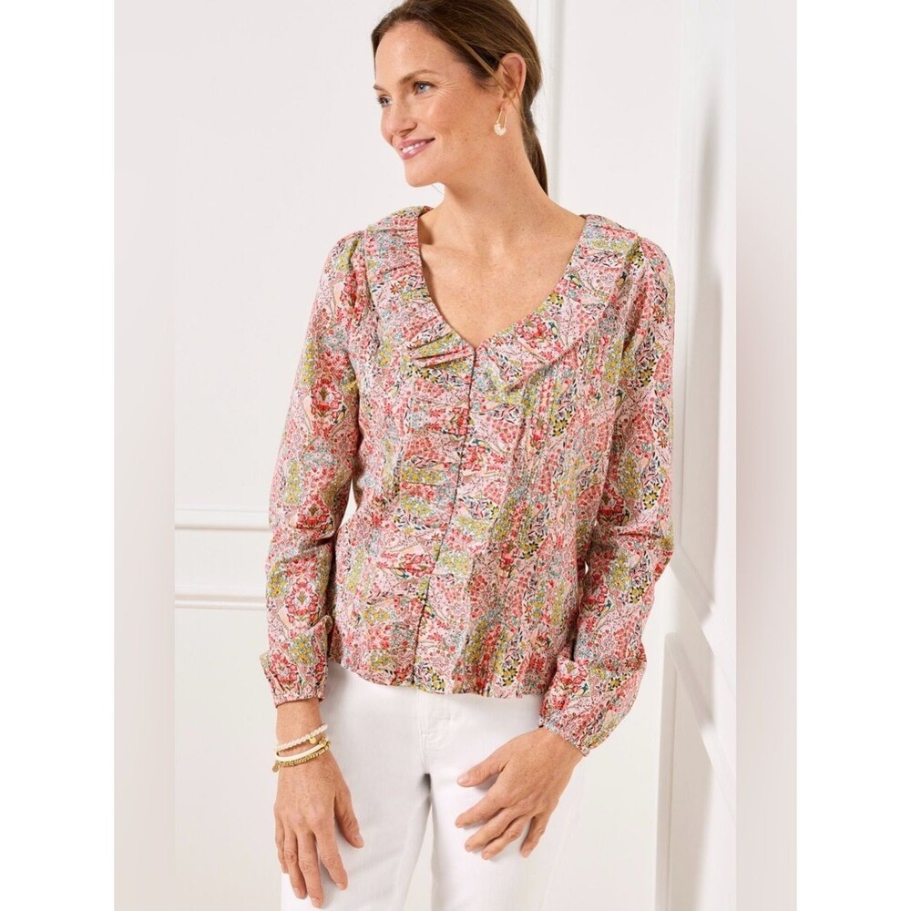 Talbots Pintuck Ruffle Top Branching Floral Size 1XP Petite Plus 100% Cotton